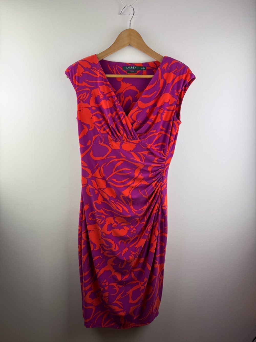Lauren Ralph Lauren Floral Ruched Jersey Faux Wrap Dress Purple Orange Size 4
